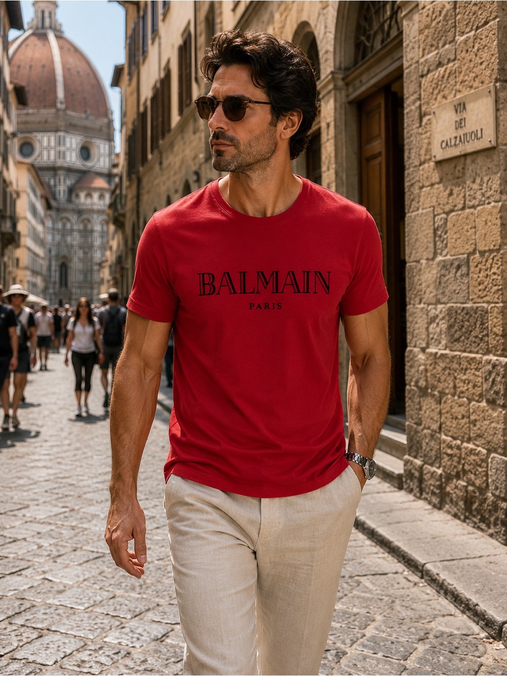 Balmain Paris Red Logo Men Tee - XL - USA equivalent USA Large
